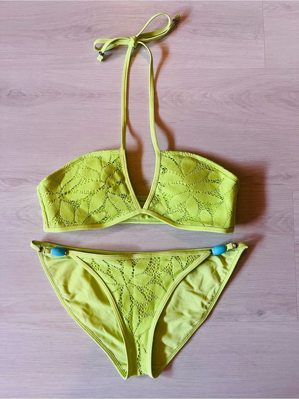 Aerie Women's Maillot De Bain Lace Halter Bikini Set in Lime Green Size M